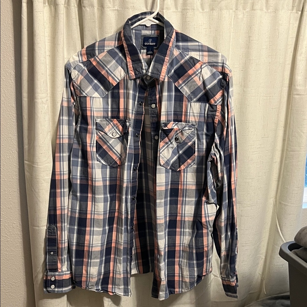 Old Navy  Casual Plaid Shirt - Navy and Peach